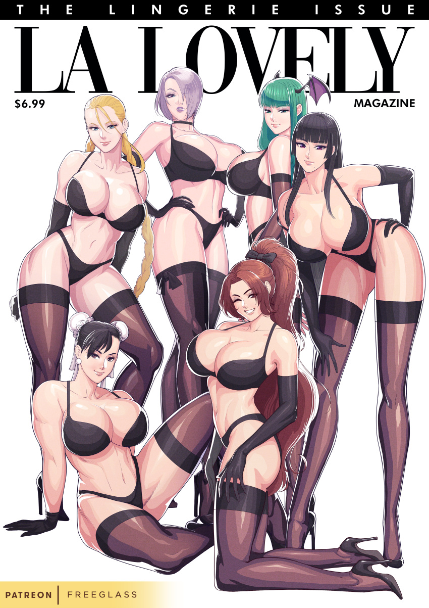 6+girls absurdres alternate_breast_size bent_over black_bra black_choker black_footwear black_gloves black_hair black_panties blonde_hair blue_eyes bra braid breasts brown_eyes brown_hair brown_thighhighs bun_cover cammy_white choker chun-li cleavage commentary cover crossover dead_or_alive double_bun earrings elbow_gloves english_commentary english_text fake_magazine_cover fatal_fury freeglass full_body gloves grey_hair hair_bun hair_over_one_eye hand_on_own_hip hands_on_own_hips head_wings high_heels high_ponytail highres hime_cut huge_breasts isabella_valentine jewelry kneeling lipstick long_hair long_legs looking_at_viewer low_twin_braids magazine_cover makeup mole mole_under_mouth morrigan_aensland multiple_crossover multiple_girls nyotengu panties parody pinup_(style) ponytail purple_eyes purple_lips shiranui_mai short_hair sitting soulcalibur sphere_earrings standing stiletto_heels street_fighter the_king_of_fighters thighhighs twin_braids underwear underwear_only vampire_(game) very_long_hair wings