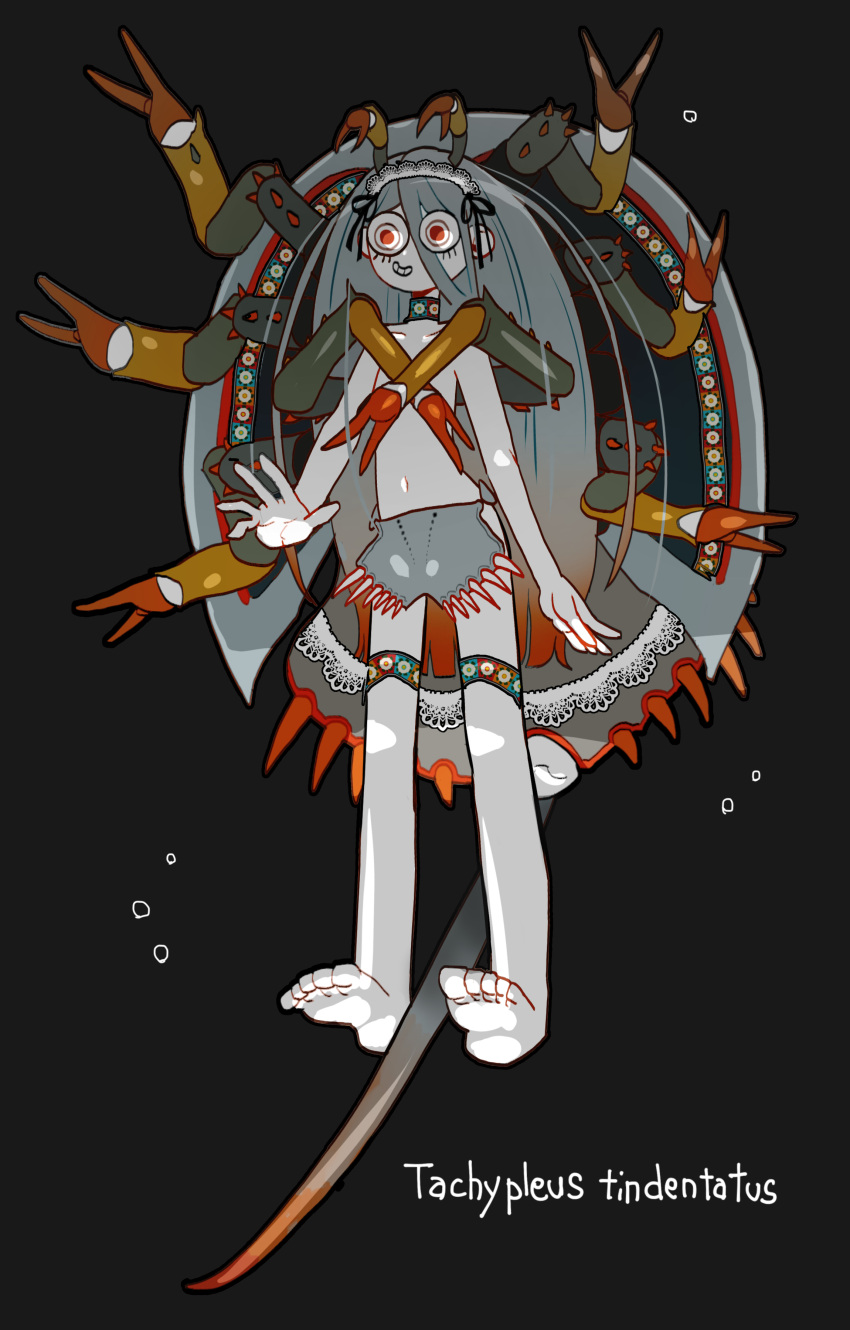 absurdres arthropod_girl arthropod_limbs barefoot black_background commentary_request female full_body grey_hair highres horseshoe_crab long_hair maid_headdress monster_girl nicoq_(koikoihaihai) original red_eyes red_hair solo very_long_hair