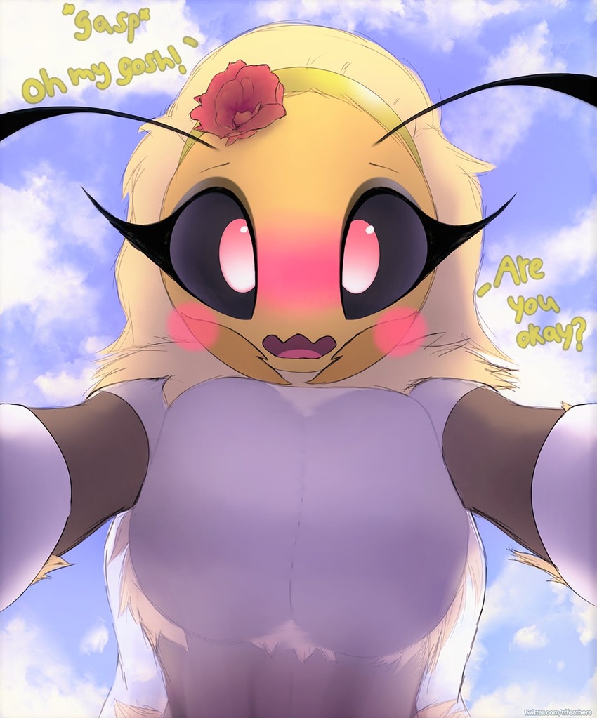 bee big_breasts blossom_(thousandfoldfeathers) blush breasts clothed cute eyelashes female female_only looking_at_viewer pink_eyes solo solo_female text thousandfoldfeathers yellow_body yellow_skin