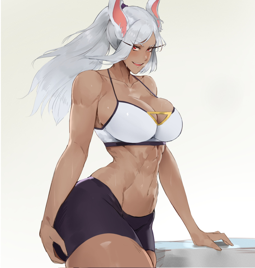 1girls 2021 abs alternate_hairstyle animal_ears bare_arms bike_shorts black_shorts breasts brown_skin cleavage dark-skinned_female dark_skin female female_focus female_only fit fit_female front_view fully_clothed hi_res hips huge_breasts kisou long_hair looking_at_viewer miruko my_hero_academia ponytail rabbit_ears red_eyes rumi_usagiyama short_shorts shorts sideboob slim_waist smile smiling_at_viewer solo sportswear sweat sweaty_body thick_thighs thighs tied_hair toned toned_arms toned_female white_hair white_sports_bra wide_hips workout_clothes