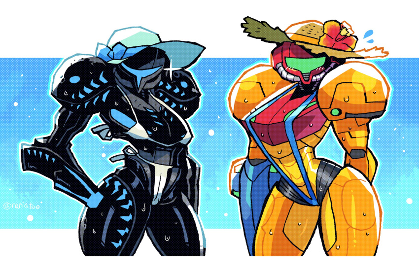 2girls alien alien_girl armor armored_samus bikini blush crap-man dark_samus female female_only hat helmet helmet_with_visor hi_res humor looking_at_viewer metroid nintendo power_suit samus_aran sling_bikini summer_hat varia_suit varia_suit_helmet