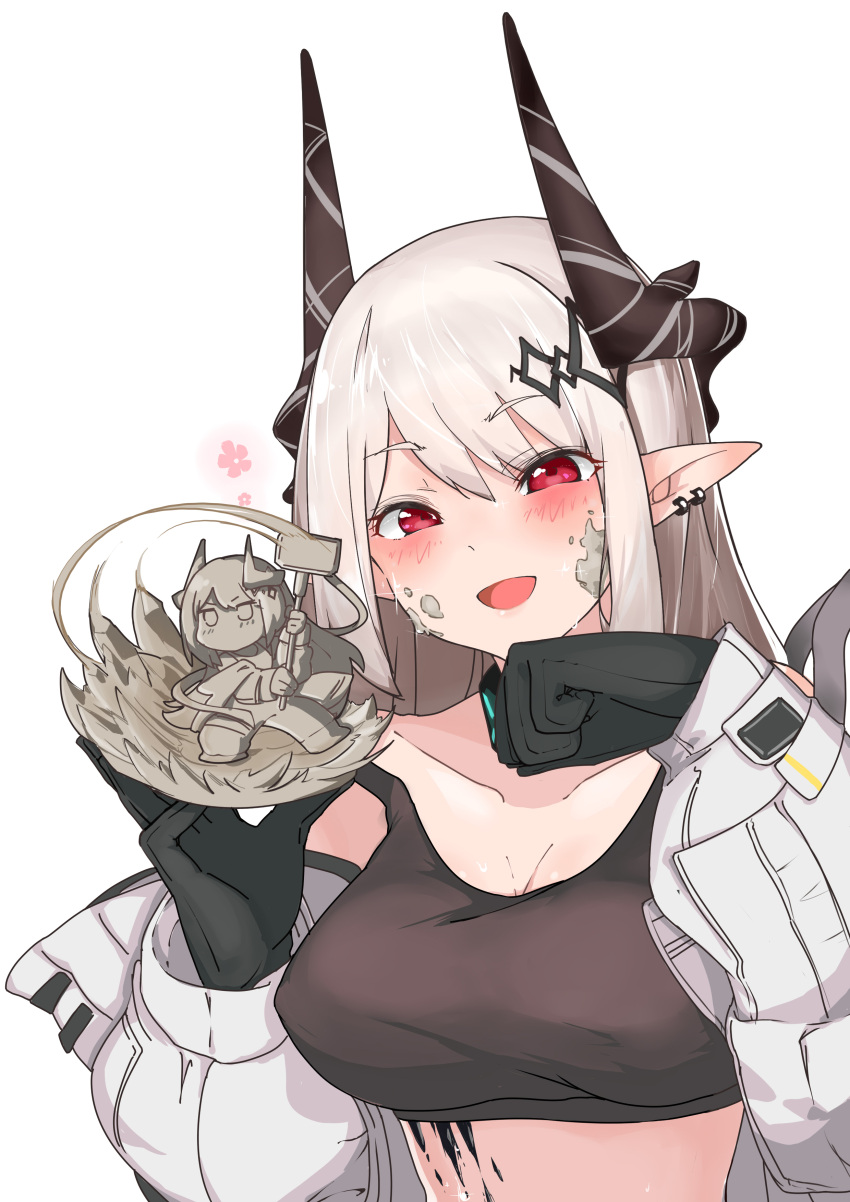 :d absurdres arknights black_gloves blush breasts cleavage collarbone commentary_request ear_piercing female gloves grey_hair hair_between_eyes hands_up highres holding horns jacket long_hair long_sleeves looking_at_viewer medium_breasts mudrock_(arknights) mudrock_(elite_ii)_(arknights) open_clothes open_jacket piercing pointy_ears puffy_long_sleeves puffy_sleeves red_eyes sculpture simple_background smile solo strap_slip upper_body white_background white_jacket xiangcao_xing_chen_bing