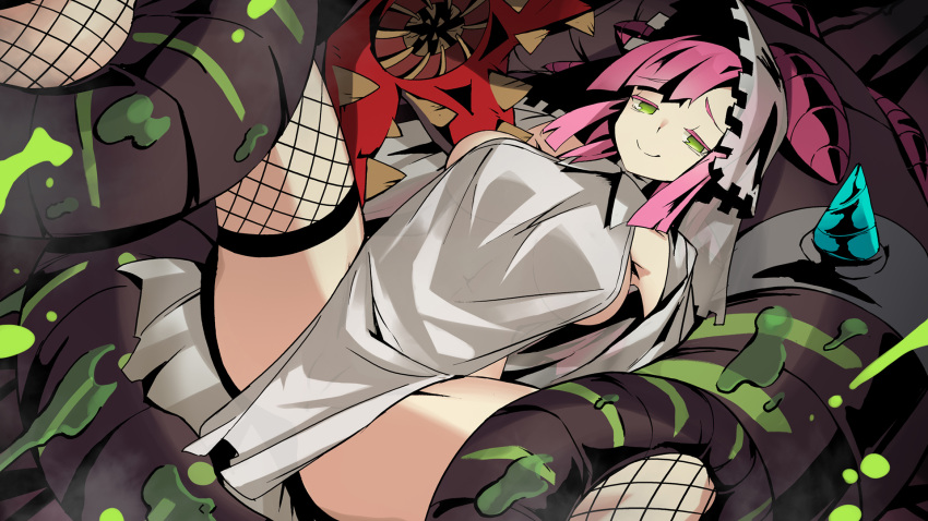 breasts closed_mouth female fishnet_thighhighs fishnets green_eyes habit highres long_hair meishou_mitei_(pixiv7475) mistover monster nun pelvic_curtain pink_hair restrained sister_(mistover) smile solo thighhighs