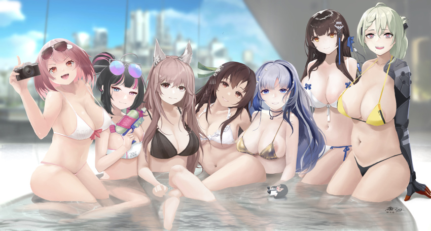 6+girls absurdres animal_ear_fluff animal_ears arms_behind_back artist_name bare_shoulders bikini black_bikini black_hair blue_eyes blue_hair blush braid breasts brown_eyes brown_hair camera cleavage closed_mouth collarbone covered_nipples daiyan_(neural_cloud) de_lacey_(neural_cloud) earrings eyewear_on_head girls'_frontline girls'_frontline_neural_cloud gold_bikini green_hair grey_eyes hair_bun hair_ornament hair_ribbon hairclip hand_on_floor heterochromia highres holding holding_camera holding_water_gun hubble_(neural_cloud) jewelry large_breasts legs long_hair looking_at_viewer mechanical_arms medium_breasts medium_hair mole mole_under_mouth multicolored_eyes multicolored_hair multiple_girls navel necklace on_water onsen open_mouth orange_eyes persicaria_(neural_cloud) pink_eyes pink_hair pool red_eyes revision ribbon same-sex_bathing shared_bathing shiny_swimsuit single_hair_bun single_mechanical_arm sitting smile souchun_(neural_cloud) standing star-shaped_pupils star_(symbol) swimsuit symbol-shaped_pupils teeth thighs type_64_(girls'_frontline) type_95_(girls'_frontline) upper_teeth_only vee_(neural_cloud) vinsentyu water_gun white_bikini willow_(neural_cloud) yellow_bikini