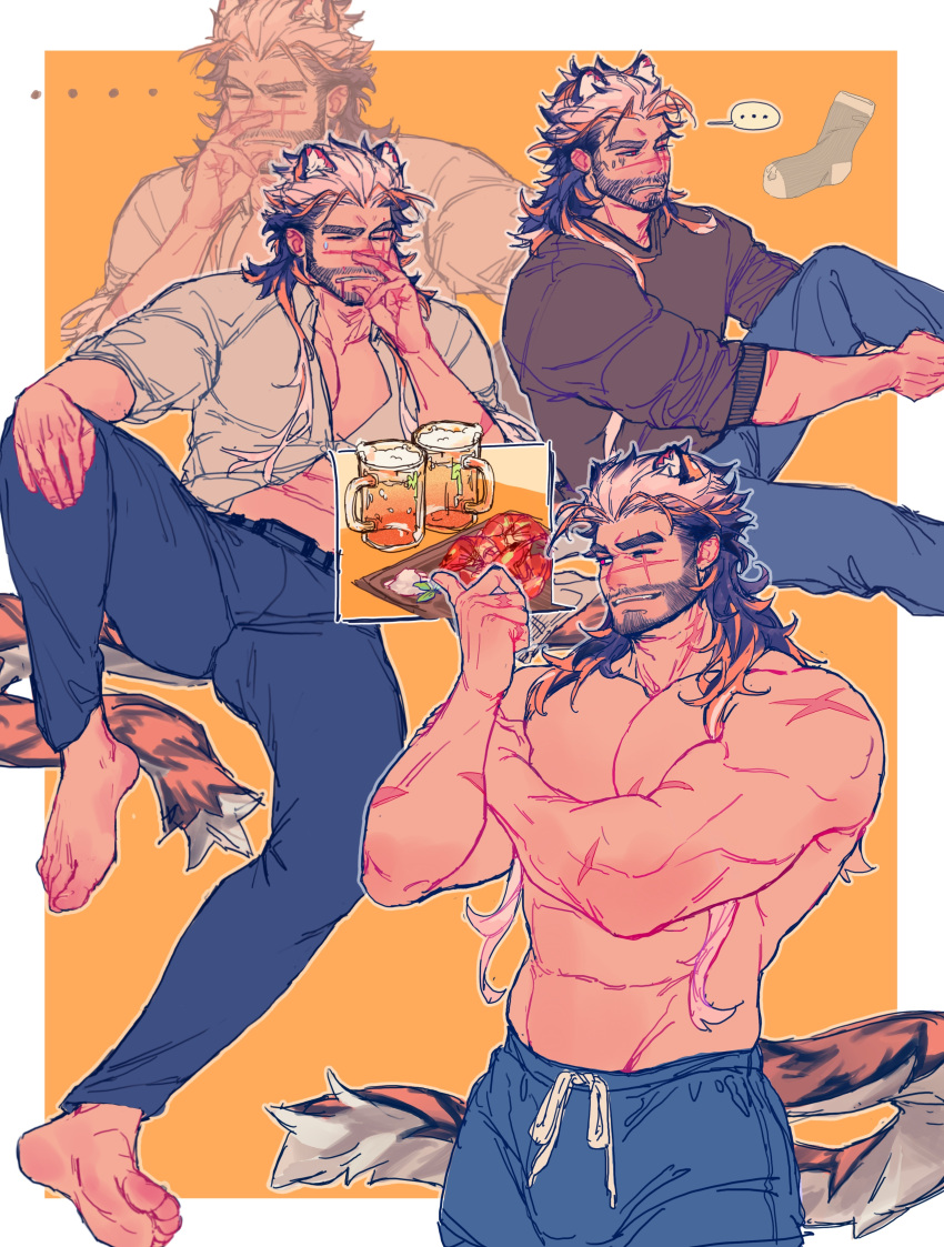 ... 1boy absurdres animal_ears bara barefoot beard beer_mug blush bulge cup drunk_tiger_(kuro) facial_hair feet hair_slicked_back highres kuroshima_kurishiro_(muyi24108414) large_pectorals long_hair male_focus mature_male mug multicolored_hair multiple_views muscular muscular_male mustache_stubble nipples one_eye_closed open_clothes open_shirt original pants pectoral_cleavage pectorals pointing pointing_to_the_side rubbing_nose scar scar_on_chest shy sitting socks soles spread_legs stomach stubble sweatdrop tail thick_eyebrows thick_tail thick_thighs thighs tiger_boy tiger_ears tiger_tail toes track_pants two-tone_hair white_hair