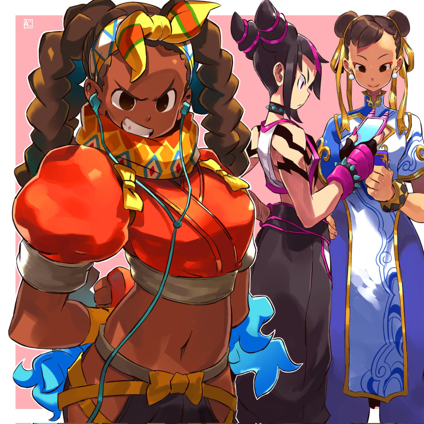 3girls andrewcockroach arm_tattoo arms_behind_back black_hair blue_hair blue_leggings bracelet brown_hair cellphone china_dress chinese_clothes choker chun-li colored_tips crop_top dark-skinned_female dark_skin double_bun dress earbuds earphones earrings english_commentary fingerless_gloves gloves hair_bun hair_horns hair_ribbon hairband hand_on_own_hip highres holding holding_phone jewelry juri_han kimberly_jackson leggings looking_at_viewer midriff multicolored_hair multiple_girls navel pelvic_curtain phone puffy_short_sleeves puffy_sleeves quad_braids ribbon scarf shirt short_sleeves signature simple_background sleeveless sleeveless_shirt smartphone smile spiked_bracelet spiked_choker spikes street_fighter street_fighter_6 tattoo yellow_hairband