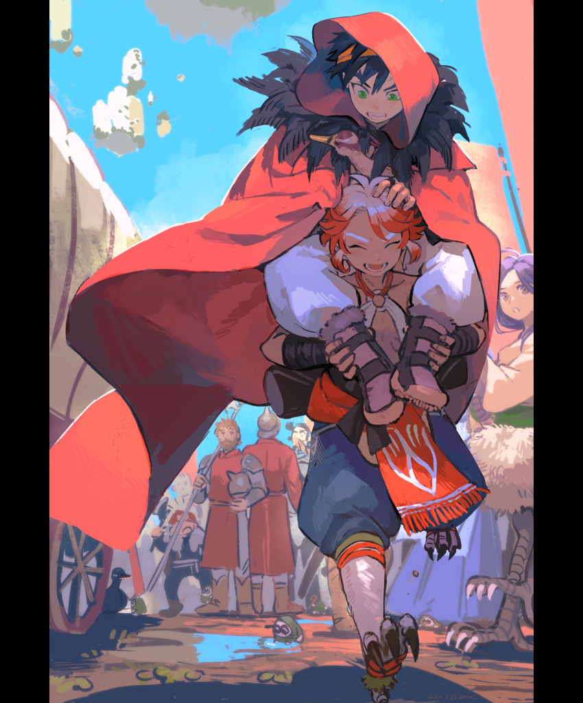 6+boys :o akaneko_(redakanekocat) alternate_form axe bahar_(pixiv_fantasia_age_of_starlight) bird boots capelet carrying cloak closed_eyes covered_wagon day duck female flag green_eyes halberd hanero_erekazuchi headband helmet highres kanmuri_(pixiv_fantasia_age_of_starlight) multiple_boys odile_(pixiv_fantasia_age_of_starlight) orange_headband outdoors pattlephyt_(pixiv_fantasia_age_of_starlight) piggyback pixiv_fantasia pixiv_fantasia_age_of_starlight polearm purple_hair red_cloak red_hair talons wagon weapon