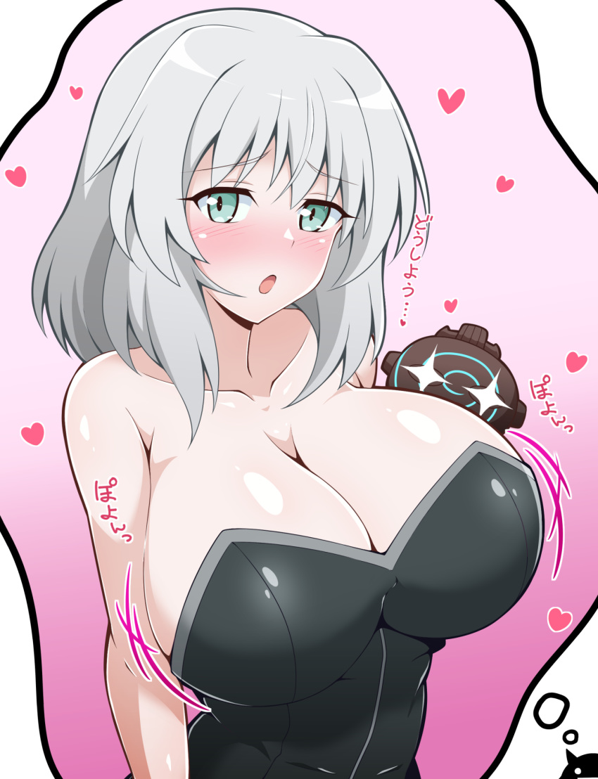 2girls :o alternate_breast_size blush breast_expansion breasts cleavage collarbone commentary_request doguu gradient_background green_eyes grey_hair heart highres huge_breasts imagining kumanosita large_breasts looking_at_viewer miyafuji_yoshika multiple_girls open_mouth pink_background sanya_v._litvyak short_hair strike_witches world_witches_series