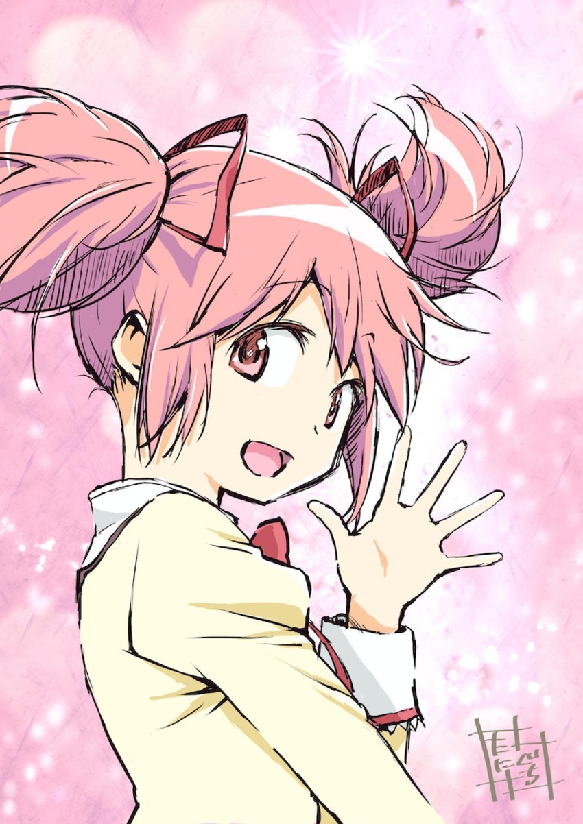 :d close-up commentary_request female floating_hair from_side gradient_background hair_between_eyes hair_ribbon hand_up happy highres juliet_sleeves kaname_madoka long_sleeves looking_at_viewer looking_back mahou_shoujo_madoka_magica mahou_shoujo_madoka_magica_(anime) mitakihara_school_uniform open_mouth pink_background pink_eyes pink_hair puffy_sleeves red_ribbon ribbon school_uniform shaded_face short_twintails sidelocks signature simple_background smile solo sparkle sparkle_background taniguchi_jun'ichirou twintails uniform upper_body waving