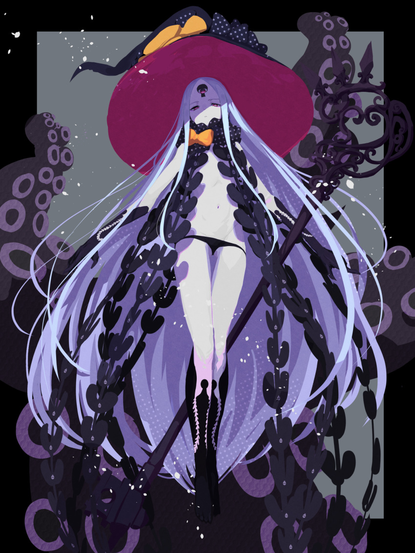 abigail_williams_(fate) abigail_williams_(third_ascension)_(fate) black_bow black_panties bow colored_skin expressionless fate/grand_order fate_(series) female flat_chest full_body hat highres key keyhole large_hat long_hair looking_at_viewer mightyjump98 navel orange_bow pale_skin panties purple_eyes revealing_clothes solo suction_cups tentacle third_eye underwear very_long_hair white_hair white_skin witch_hat