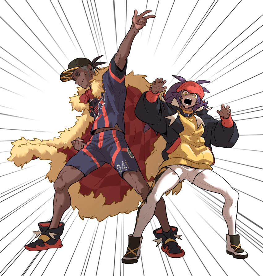 2boys argyle arm_up baseball_cap black_footwear black_hoodie borrowed_clothes cape charizard_pose claw_pose closed_mouth commentary_request dark-skinned_male dark_skin earrings emphasis_lines facial_hair fur-trimmed_cape fur_trim hands_up hat headband highres hood hoodie jewelry korean_commentary leggings leon_(pokemon) long_hair male_focus multiple_boys open_mouth orange_headband pokemon pokemon_swsh purple_hair raihan_(pokemon) red_cape redlhzz shirt shoes short_hair short_shorts short_sleeves shorts side_slit side_slit_shorts smile teeth w white_background white_legwear white_shorts yellow_eyes