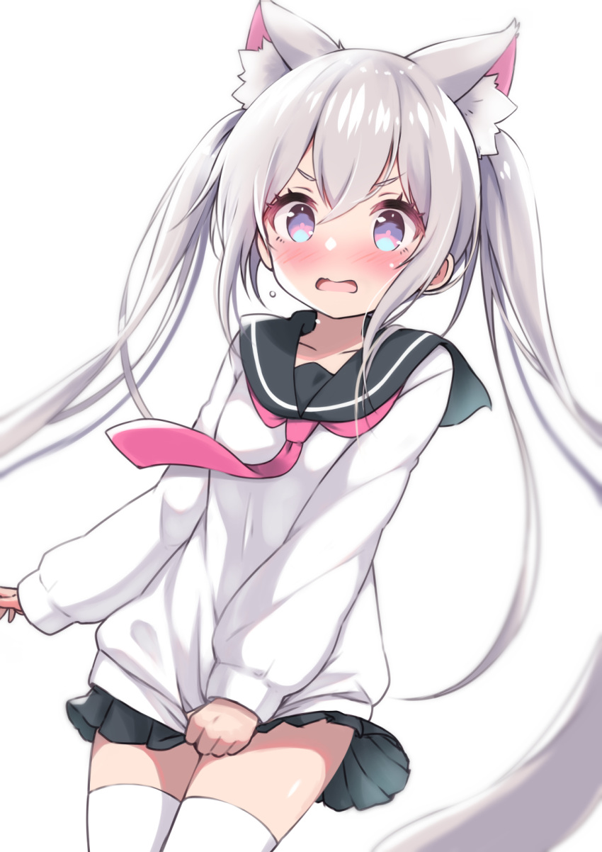 animal_ear_fluff animal_ears bad_id bad_pixiv_id black_sailor_collar black_skirt blush breasts cat_ears collarbone commentary_request covering_crotch covering_privates female grey_hair hair_between_eyes highres long_hair looking_at_viewer necktie nose_blush open_mouth original pink_necktie pleated_skirt sailor_collar school_uniform serafuku shirt shirt_tug simple_background siragagaga skirt small_breasts solo thighhighs twintails v-shaped_eyebrows very_long_hair wavy_mouth white_background white_shirt white_thighhighs