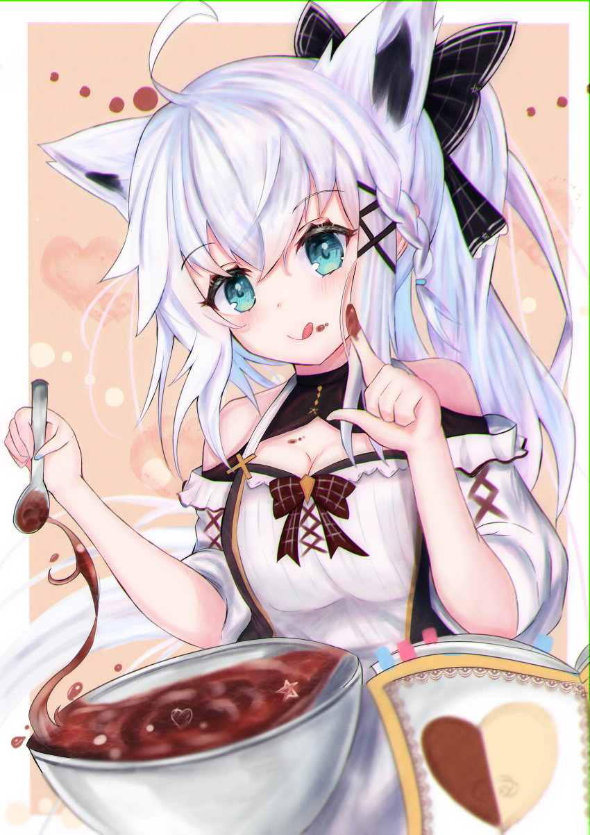 absurdres ahoge alternate_costume animal_ears black_bow blush book border bow braid breasts chocolate chocolate_making chocolate_on_body chocolate_on_breasts chocolate_on_face chocolate_on_hand cleavage cleavage_cutout clothing_cutout commentary_request extra_ears female food food_on_body food_on_face food_on_hand fox_ears fox_girl green_eyes hair_between_eyes hairbow heart highres holding holding_spoon hololive long_hair looking_at_viewer medium_breasts off_shoulder ponytail shirakami_fubuki shirt short_sleeves sidelocks single_braid solo soma443 spoon tongue tongue_out virtual_youtuber white_hair white_shirt