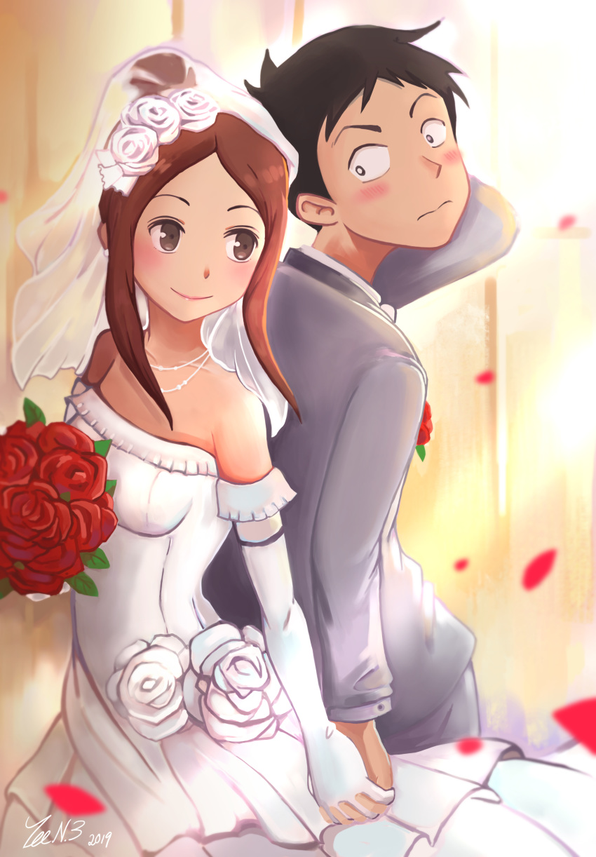 1boy absurdres aged_up back-to-back bare_shoulders black_hair blush bouquet breasts bridal_veil brown_eyes brown_hair collarbone commentary_request couple dated dress elbow_gloves female flower gloves hair_flower hair_ornament hair_up highres holding_hands husband_and_wife jewelry karakai_jouzu_no_(moto)_takagi-san karakai_jouzu_no_takagi-san looking_back necklace nishikata petals red_flower red_rose rose sidelocks signature sleeveless small_breasts smile straight strapless strapless_dress takagi-san tuxedo veil wedding wedding_dress white_dress white_flower white_gloves white_rose zee_n3