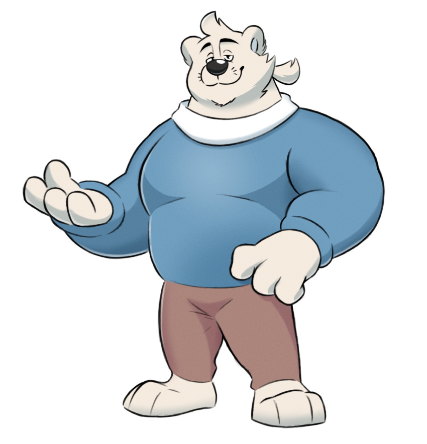 2022 anthro bear biped black_nose bottomwear breeze_in_the_clouds cirri_(breeze_in_the_clouds) clothing hi_res male mammal pants polar_bear simple_background solo splashburr sweater topwear ursine white_body