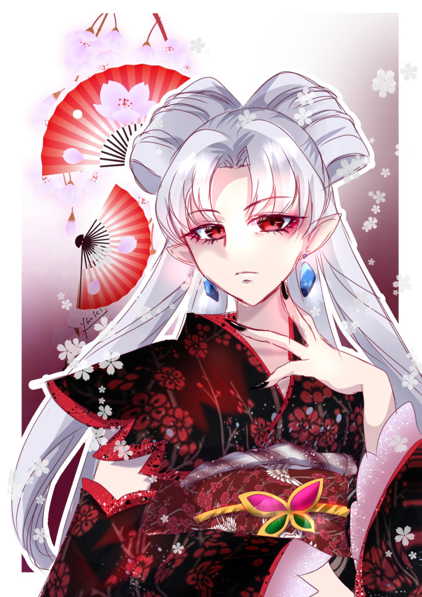 akagi_towa black_kimono black_nails black_sleeves border detached_sleeves earrings female fingernails floating_hair floral_print go!_princess_precure hair_intakes highres japanese_clothes jewelry kimono long_hair long_sleeves looking_at_viewer makeup manekineko5319 mascara nail_polish outline pointy_ears precure print_kimono print_sleeves red_eyes sharp_fingernails solo twilight_(go!_princess_precure) upper_body very_long_hair white_border white_hair