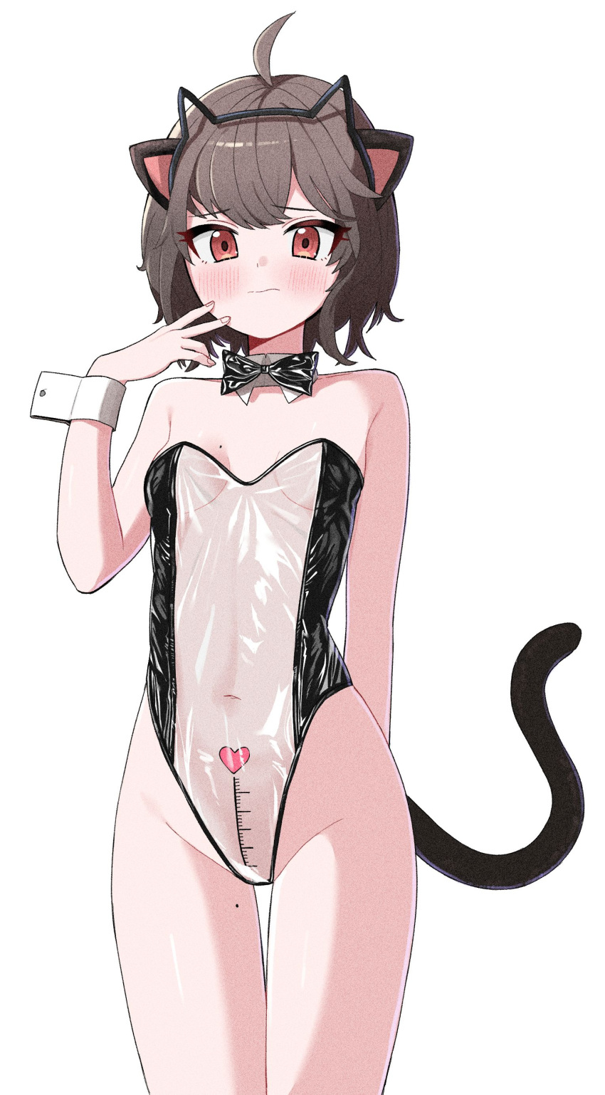 absurdres ahoge animal_ears bare_arms bare_shoulders billbung black_bow black_bowtie blush bow bowtie breasts brown_hair cat_ears cat_tail closed_mouth commentary_request commission covered_navel cowboy_shot detached_collar embarrassed fake_animal_ears female hairband hand_up heart highleg highleg_leotard highres korean_commentary length_markings leotard looking_at_viewer meme_attire mole mole_on_breast mole_on_thigh nontraditional_playboy_bunny original penis_measuring prunechi red_eyes second-party_source see-through see-through_leotard short_hair simple_background small_breasts solo standing strapless strapless_leotard tail tail_raised thighs translucent_bunnysuit white_background wrist_cuffs