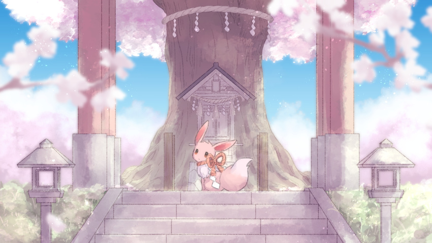 brown_eyes commentary_request day eevee grass highres looking_at_viewer looking_to_the_side no_humans outdoors pokemon pokemon_(creature) rope shide shimenawa shrine sitting sky solo stairs suzuiro_(chocolatte) tassel torii tree