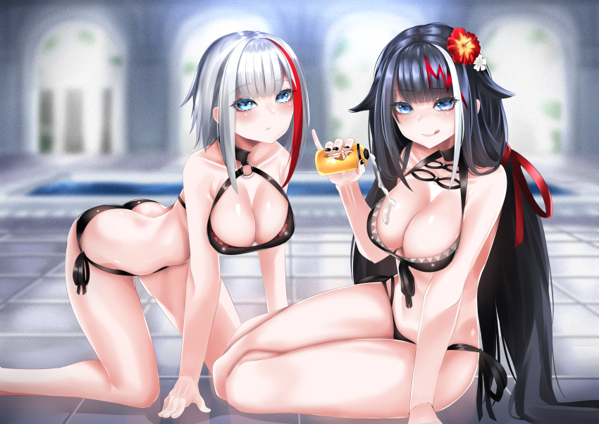 2girls absurdres admiral_graf_spee_(azur_lane) azur_lane bikini black_bikini black_hair blue_eyes bottle breasts deutschland_(azur_lane) deutschland_(service_time?!)_(azur_lane) flower hair_flower hair_ornament hibiscus highres holding holding_bottle keishi_surota long_hair lotion lotion_bottle multicolored_hair multiple_girls no_tail pouring pouring_onto_self red_hair short_hair streaked_hair suggestive_fluid sunscreen swimsuit thighs white_hair