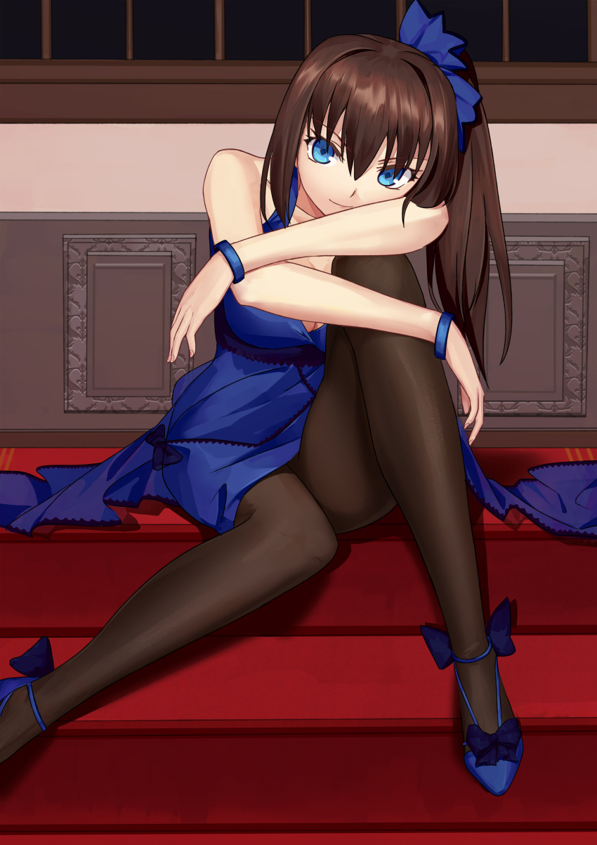 absurdres alternate_costume alternate_hairstyle aozaki_aoko bare_shoulders black_pantyhose blue_dress blue_eyes blue_footwear blue_scrunchie brown_hair closed_mouth collarbone commentary cqqz0707 dress female formal hair_intakes hair_ornament hair_scrunchie highres hugging_own_legs indoors knee_up long_hair looking_at_viewer mahou_tsukai_no_yoru official_alternate_costume official_alternate_hairstyle pantyhose scrunchie side_ponytail sitting sleeveless sleeveless_dress smile solo stairs