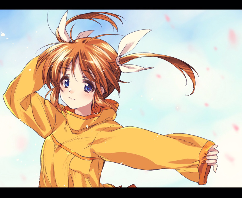 blue_sky blurry casual closed_mouth cloud cloudy_sky commentary day female hair_ribbon hand_on_own_head highres kuroi_mimei letterboxed light_blush light_particles long_sleeves looking_at_viewer lyrical_nanoha mahou_shoujo_lyrical_nanoha official_alternate_costume orange_shirt outdoors petals ribbon shirt short_hair sky sleeves_past_wrists smile solo takamachi_nanoha triangle_heart triangle_heart_3 triangle_heart_3_lyrical_toy_box twintails upper_body white_ribbon wind