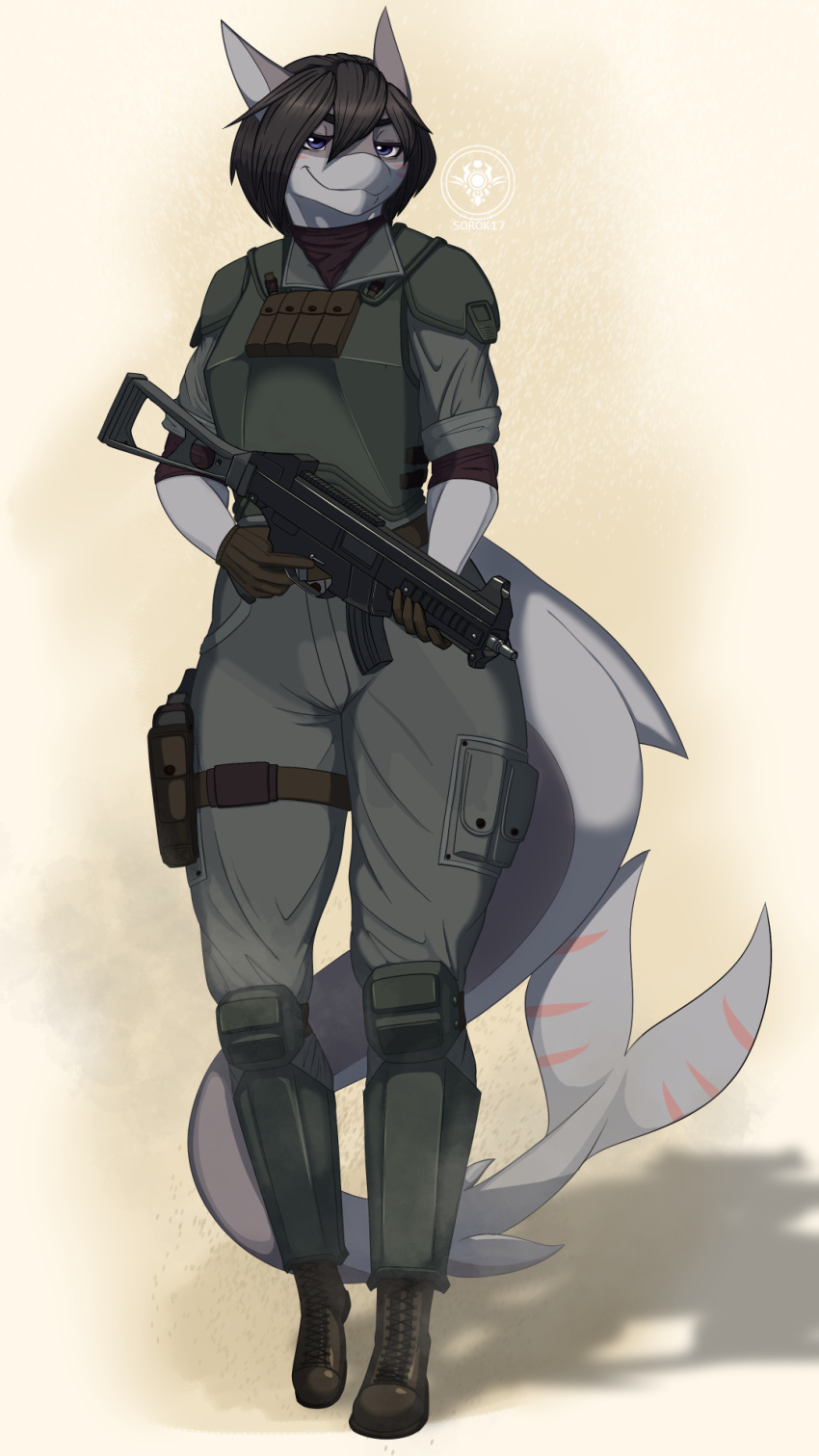 9:16 anthro armor black_hair boots chromakoros clothed clothing combat_boots combat_gear female fish footwear fully_clothed grey_body grey_skin hair half-closed_eyes hi_res marine narrowed_eyes natalie_(pipthecowboy) purple_eyes shark solo tail thick_tail thick_thighs thigh_strap ump-45 weapon