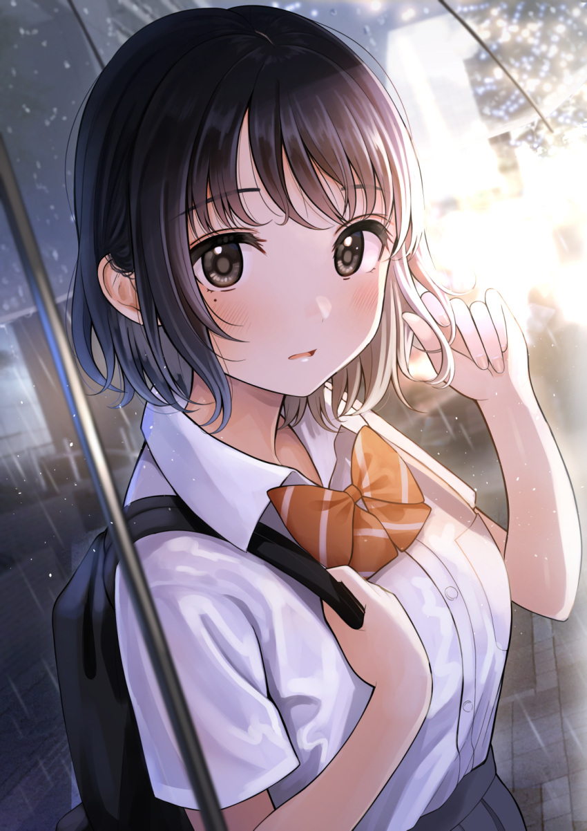 backpack bag black_hair black_skirt blurry blurry_background blush bow breasts brown_bow brown_eyes collared_shirt commentary depth_of_field dress_shirt female hands_up highres kentaurosu looking_at_viewer medium_breasts original outdoors parted_lips pleated_skirt rain school_uniform shared_umbrella shirt short_sleeves skirt solo umbrella white_shirt