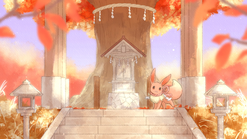 autumn blurry brown_eyes commentary_request day eevee highres looking_at_viewer no_humans outdoors pokemon pokemon_(creature) rope shide shimenawa shrine sky solo stairs standing suzuiro_(chocolatte) tassel torii tree