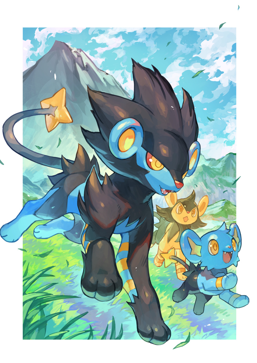 absurdres alternate_color border cloud commentary_request day evolutionary_line falling_leaves fangs grass highres leaf luxio luxray mountain no_humans open_mouth outdoors pokemon pokemon_(creature) running shinx shiny_pokemon sky smile tapioka_chaso toes tongue white_border