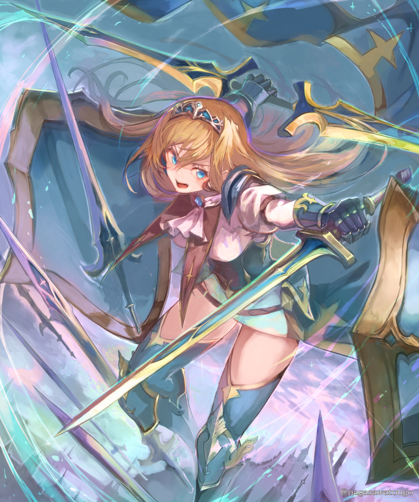 armored_boots asymmetrical_dual_wielding blonde_hair boots double-blade dual_wielding feet_out_of_frame female floating floating_hair floating_object floating_sword floating_weapon gauntlets hair_between_eyes highres holding holding_sword holding_weapon juliet_sleeves long_hair long_sleeves multiple_shields multiple_swords multiple_weapons nagasawa_tougo open_mouth original princess_knight_(nagasawa_tougo) puffy_sleeves shield solo sword thigh_boots thighhighs tiara twitter_username weapon