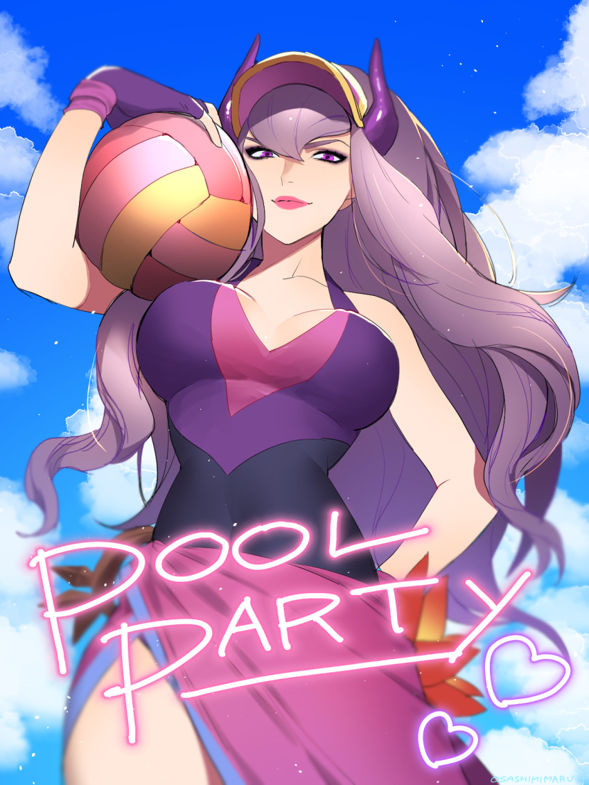 ball blue_sky closed_mouth cloud day english_text female fingerless_gloves gloves hair_between_eyes hand_on_own_hip hat highres holding holding_ball horns league_of_legends light_purple_hair long_hair outdoors pink_lips pool_party_syndra purple_eyes purple_gloves purple_hair purple_hat purple_horns sky smile solo standing syndra visor_cap volleyball volleyball_(object) wosashimi