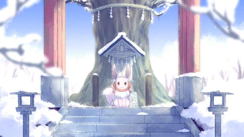 blurry brown_eyes commentary_request day eevee highres looking_at_viewer no_humans outdoors pokemon pokemon_(creature) rope shide shimenawa shrine sitting snow solo stairs suzuiro_(chocolatte) tassel torii tree