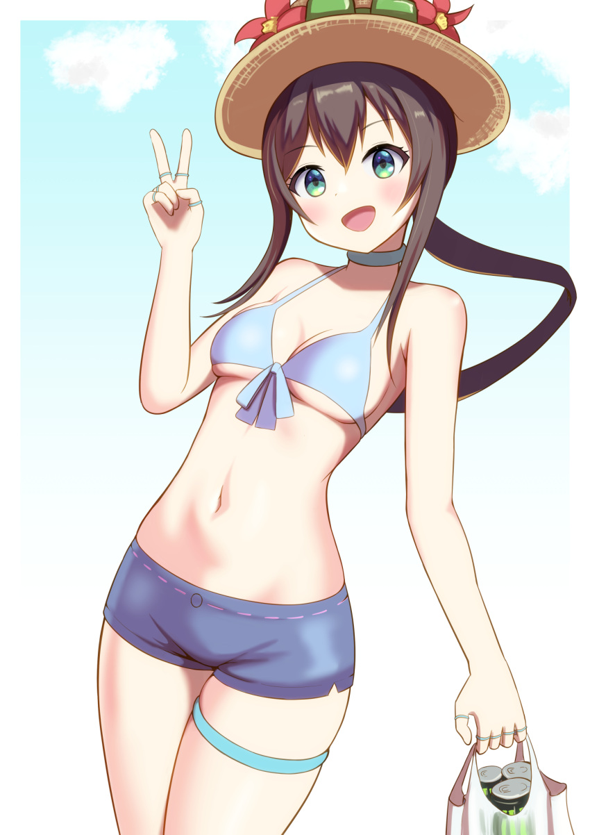 :d amiya_(arknights) arknights bare_arms bare_shoulders bikini black_hair blue_bikini blue_shorts blush breasts choker commentary cowboy_shot dorai female green_eyes hand_up hat highres long_hair looking_at_viewer navel open_mouth short_shorts shorts small_breasts smile solo standing stomach sun_hat swimsuit thigh_strap thighs v