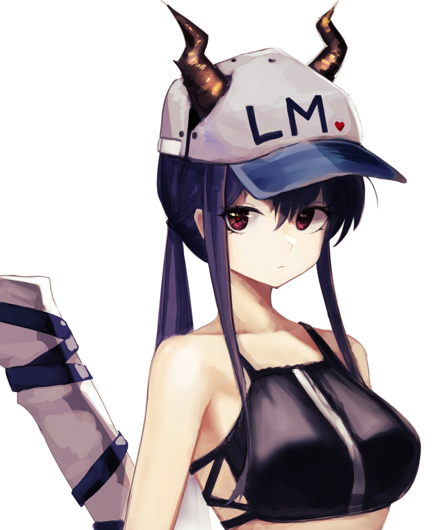 absurdres arknights bad_id bad_pixiv_id bare_shoulders baseball_cap bikini black_bikini blue_hair breasts ch'en_(arknights) commentary_request dragon_horns female female_tourist_c_(arknights) hair_between_eyes hat heart highres horns horns_through_headwear long_hair md5_mismatch medium_breasts official_alternate_costume red_eyes sidelocks simple_background solo swimsuit timitarcat upper_body white_background white_hat