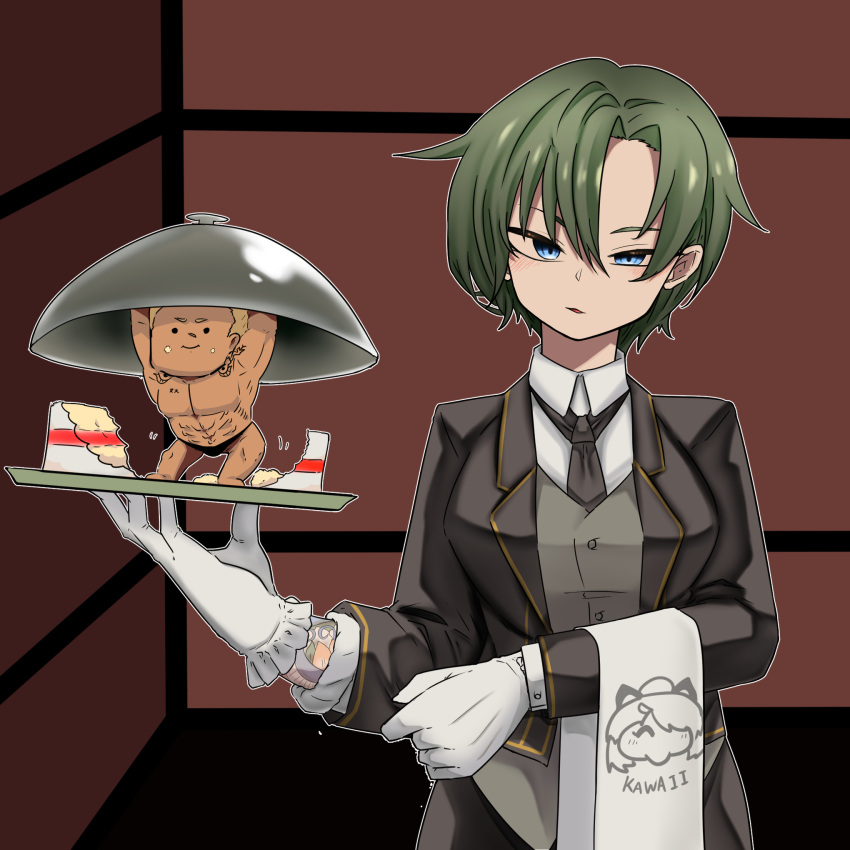 1boy arm_tattoo black_necktie black_survival blonde_hair blue_eyes blush breasts butler buttons cake character_watermark closed_mouth collared_shirt commentary_request female female_butler food frilled_gloves frills full_body gloves green_hair grey_vest hair_between_eyes highres lenox_(black_survival) magnus_scott medium_breasts mini_person miniboy muscular muscular_male necktie open_mouth rinyamame serving_dome shirt short_hair smile tattoo towel_on_arm upper_body vest white_gloves white_shirt