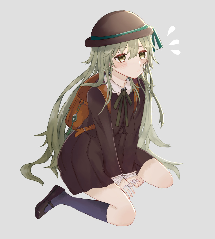 1boy akitama2727 backpack bag bandages brown_bag brown_dress brown_headwear closed_mouth commentary_request cosplay crossdressing dress full_body green_eyes green_hair green_little_pig_(sinoalice) green_little_pig_(sinoalice)_(cosplay) grey_background hair_between_eyes highres long_hair long_sleeves looking_at_viewer male_focus otoko_no_ko pinocchio_(sinoalice) purple_socks school_uniform shoes simple_background sinoalice sitting socks solo sweatdrop wariza