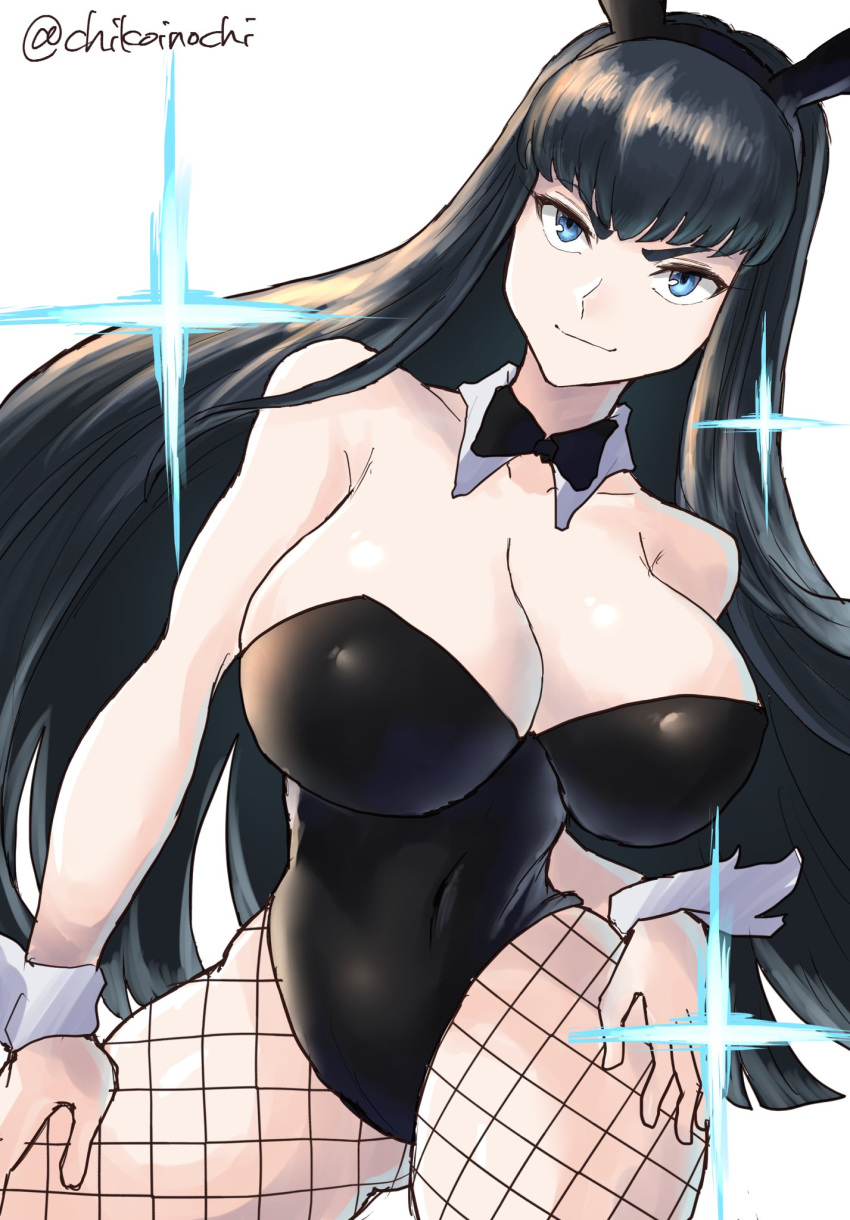 animal_ears black_hair black_leotard bow bowtie breasts chikoinochi covered_navel cowboy_shot detached_collar female fishnet_pantyhose fishnets highres kill_la_kill kiryuuin_satsuki large_breasts lens_flare leotard long_hair looking_at_viewer pantyhose playboy_bunny rabbit_ears