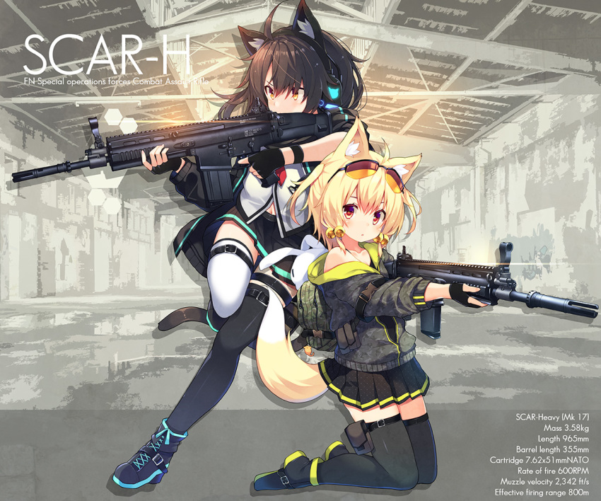 2girls ahoge animal_ears bell black_hair black_legwear blush cat_ears cat_tail chiri_(atlanta) commentary_request english_text fingerless_gloves fn_scar_17 fox_ears fox_tail gloves gun hair_bell hair_ornament holding holding_gun holding_weapon jingle_bell kneeling long_hair meina_(atlanta) multiple_girls navel orange_eyes original pleated_skirt short_hair skirt standing standing_on_one_leg tail ten'inkou_korin thighhighs weapon white_legwear