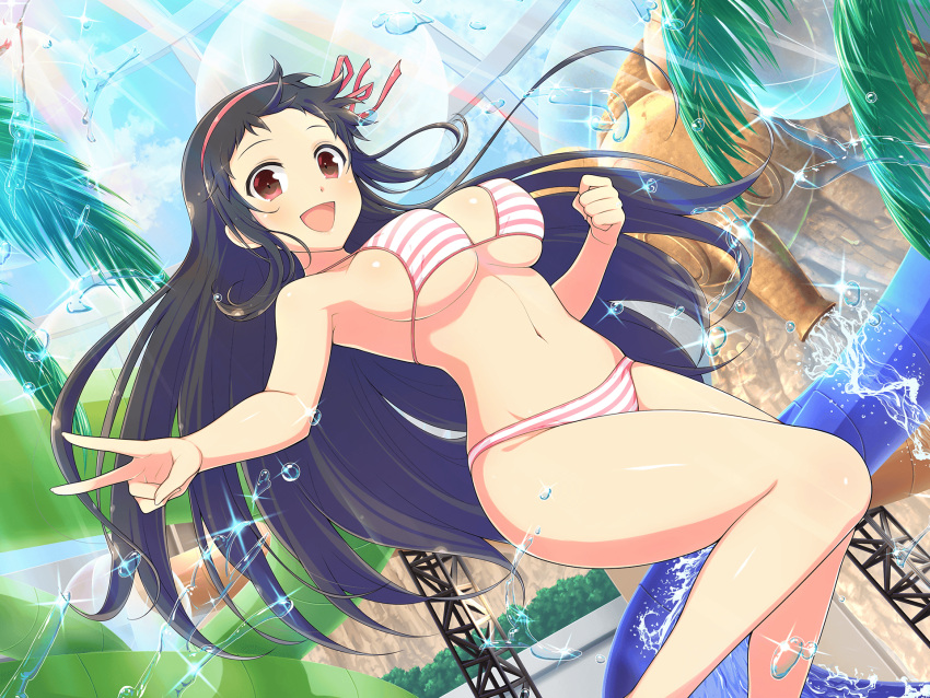 armpits ayame_(senran_kagura) bikini black_hair blush breasts bush cleavage clenched_hand cliff day elephant_statue female groin hair_ribbon highres large_breasts lens_flare light_particles linea_alba long_hair looking_at_viewer midair navel official_art open_mouth outdoors palm_leaf pink_bikini pink_ribbon pink_stripes plant red_eyes ribbon senran_kagura senran_kagura_new_link senran_kagura_new_wave shiny_skin sideboob sidelocks skylight skylight_(architecture) smile solo sparkle splashing statue steel_beam stomach striped_bikini striped_clothes sunlight swimsuit tongue underboob v very_long_hair water water_drop water_slide waterpark yaegashi_nan