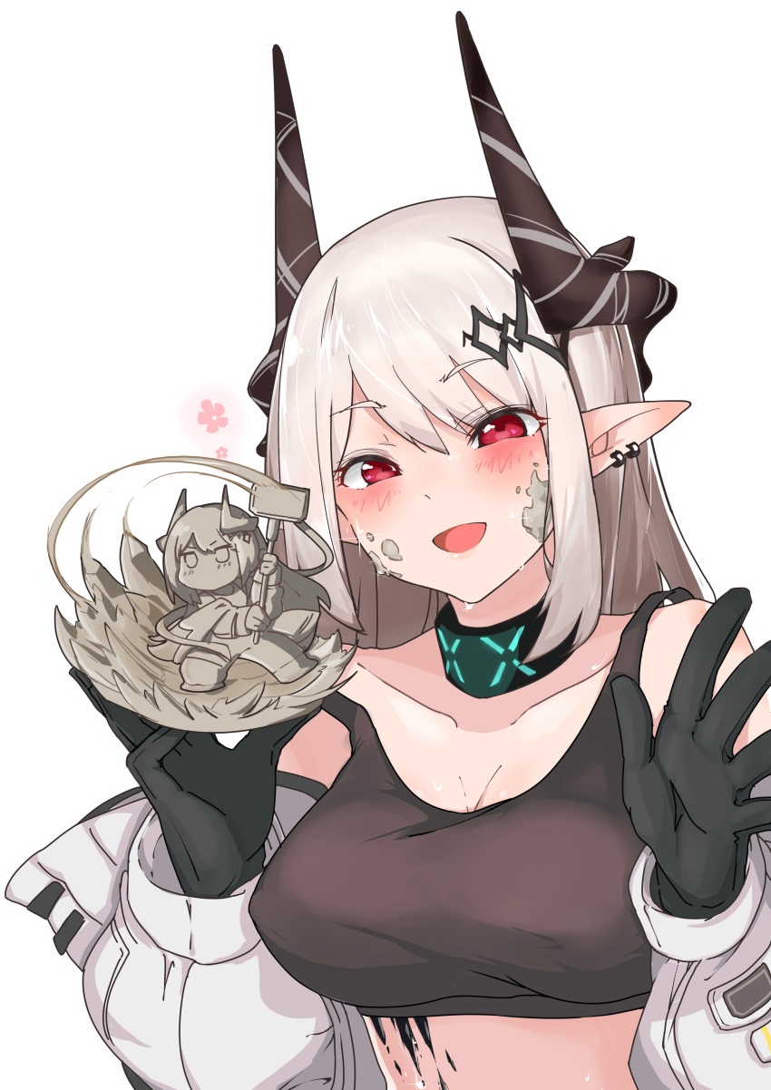 :d absurdres arknights black_gloves blush breasts cleavage collarbone commentary_request ear_piercing female gloves grey_hair hair_between_eyes hands_up highres holding horns jacket long_hair long_sleeves looking_at_viewer medium_breasts mudrock_(arknights) mudrock_(elite_ii)_(arknights) open_clothes open_jacket piercing pointy_ears puffy_long_sleeves puffy_sleeves red_eyes sculpture simple_background smile solo strap_slip upper_body waving white_background white_jacket xiangcao_xing_chen_bing