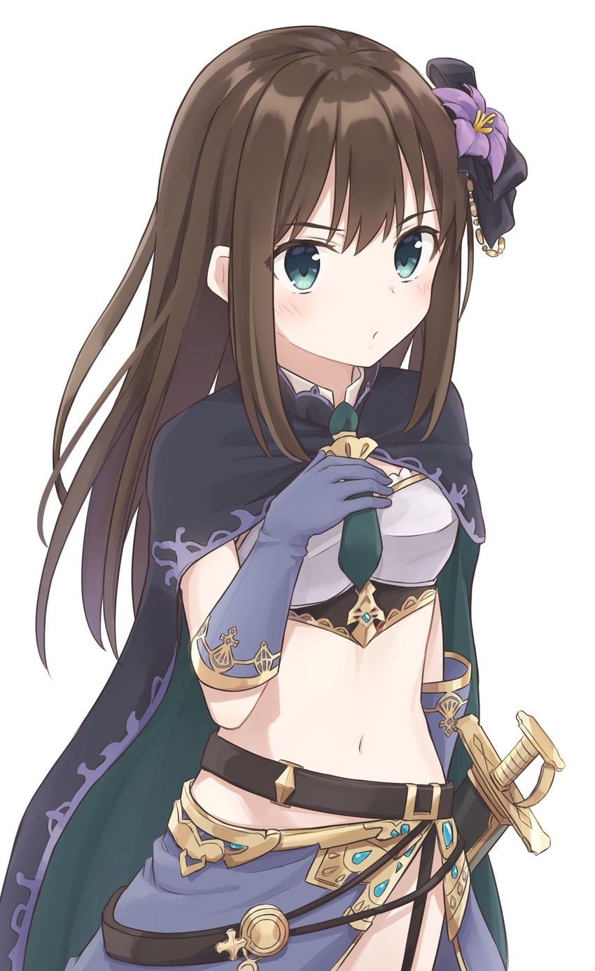 black_gloves brown_hair cape cowboy_shot elbow_gloves female flower gloves green_eyes green_neckwear hair_flower hair_ornament hand_on_own_chest highres idolmaster idolmaster_cinderella_girls idolmaster_cinderella_girls_starlight_stage midriff navel sheath sheathed shibuya_rin solo sword weapon white_background yazi114