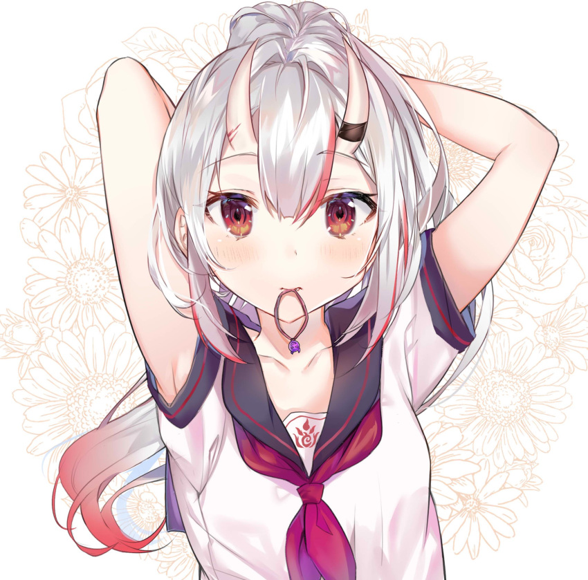 adjusting_hair arm_up armpits blush breasts collarbone commentary_request female gradient_hair hair_between_eyes hair_tie_in_mouth highres hololive horns long_hair looking_at_viewer mouth_hold multicolored_hair nakiri_ayame nakiri_ayame_(girly) nana_kagura neckerchief official_alternate_costume official_art oni ponytail red_eyes red_hair red_neckerchief sailor_collar school_uniform serafuku shirt skin-covered_horns small_breasts solo streaked_hair tying_hair virtual_youtuber white_hair white_shirt