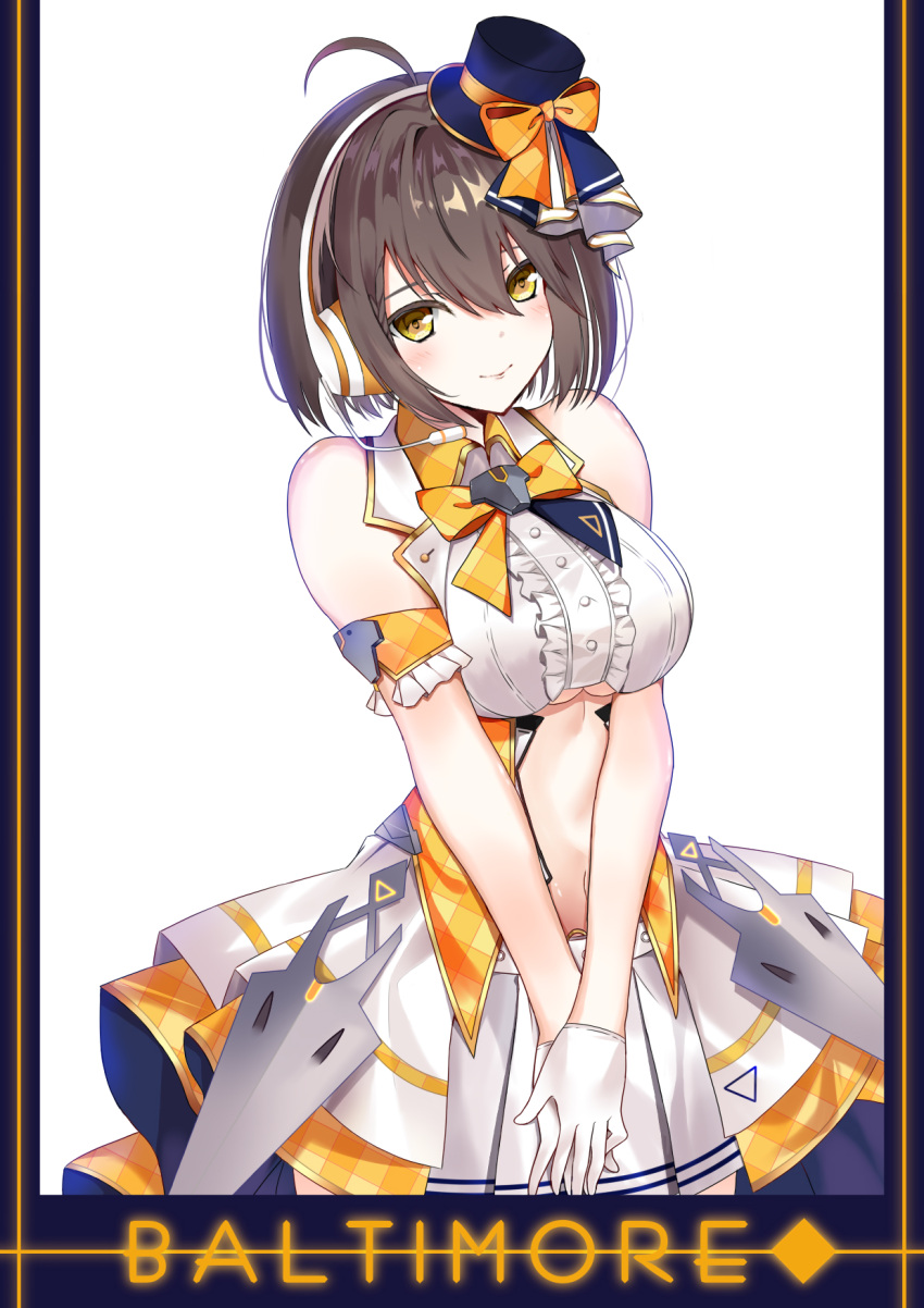 ahoge arm_strap azur_lane baltimore_(azur_lane) baltimore_(muse)_(azur_lane) bare_shoulders blue_hat blush bow braid breasts brown_hair buckle center_frills center_opening character_name closed_mouth clothing_cutout collared_shirt commentary_request cowboy_shot eyebrows_hidden_by_hair female french_braid frills gloves hair_between_eyes hat headset heart heart-shaped_buckle heart_belt highres idol irohasu_(mmgn7434) large_breasts layered_skirt looking_at_viewer mini_hat mini_top_hat miniskirt navel orange_bow orange_vest pleated_skirt shirt short_hair showgirl_skirt sidelocks simple_background skirt sleeveless sleeveless_shirt smile solo standing stomach stomach_cutout top_hat underboob underboob_cutout v_arms vest white_background white_gloves white_shirt white_skirt yellow_eyes