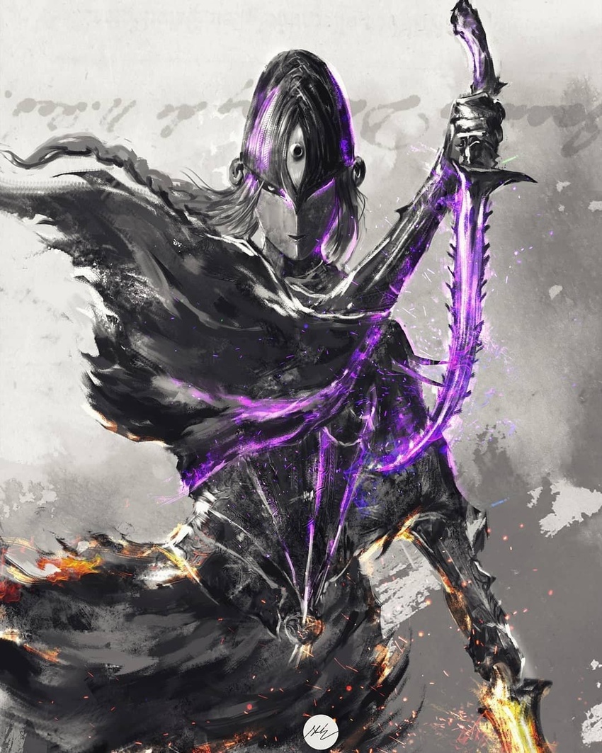 armor braid capelet cowboy_shot dagger dark_souls_(series) dark_souls_i dual_wielding female full_armor helmet highres holding holding_dagger holding_knife holding_weapon knife long_hair looking_at_viewer lord's_blade_ciaran reverse_grip shimhaq signature solo standing weapon