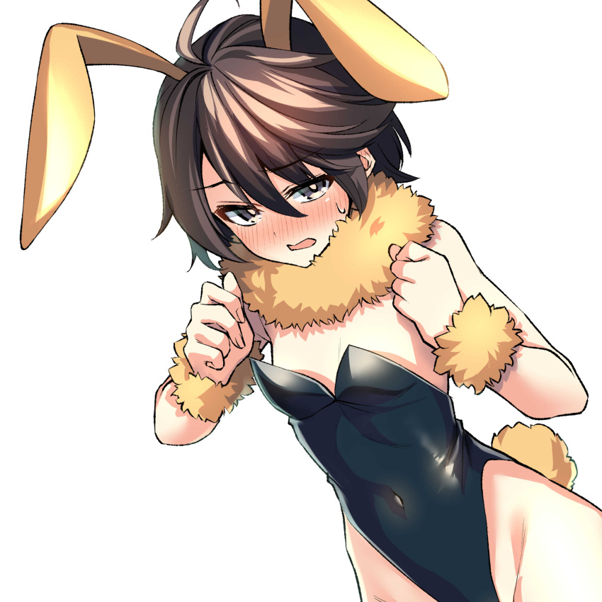 1boy absurdres animal_ears bare_shoulders black_leotard blush brown_hair bunny_day covered_navel dutch_angle fake_animal_ears fur_collar fur_trim hair_between_eyes highres keigen_hichou leonis_death_magnus leotard looking_at_viewer male_focus open_mouth otoko_no_ko playboy_bunny rabbit_ears rabbit_tail seiken_gakuin_no_maken_tsukai short_hair simple_background solo sweatdrop tail white_background