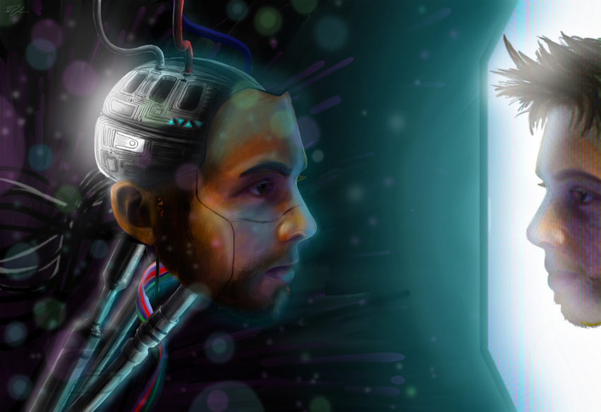 bearded brown_hair cybernetics cyborg digital_media_(artwork) duo fluke hair human machine male mammal not_furry self_portrait