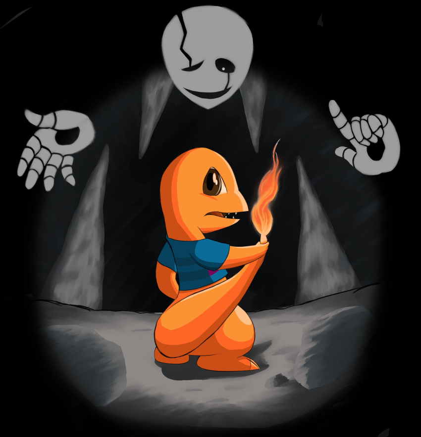 alternate_species ambiguous_gender bone bottomless cave charmander clothed clothing deltarune duo energyluxray feral fire flaming_tail frisk_(undertale) generation_1_pokemon ghost hi_res holding_tail humanoid implied_transformation nintendo open_mouth orange_body orange_scales partially_clothed pokemon pokemon_(species) pokemon_mystery_dungeon scales shadow shirtless skeleton spirit stalactite stalagmite tail undertale undertale_(series) w.d_gaster