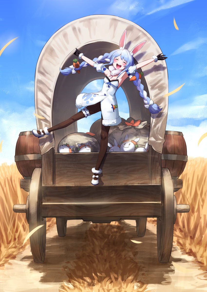 :d absurdres animal_ear_fluff animal_ears arms_up black_gloves blue_hair blush bow braid bridal_garter brown_pantyhose carriage carrot_hair_ornament closed_eyes commentary_request conestoga_wagon covered_wagon day detached_sleeves don-chan_(usada_pekora) dress female food-themed_hair_ornament full_body fur_scarf gloves hair_ornament hairbow highres hololive long_hair nemoto_yuuma outdoors pantyhose pekomon_(usada_pekora) puffy_short_sleeves puffy_sleeves rabbit_ears round_teeth shoes short_sleeves smile solo standing standing_on_one_leg strapless strapless_dress teeth thick_eyebrows twin_braids twintails upper_teeth_only usada_pekora usada_pekora_(1st_costume) virtual_youtuber wheat_field white_bow white_dress white_footwear white_hair