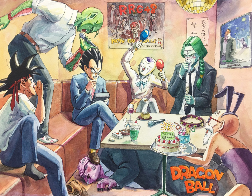 6+boys :d akb48 android_16 android_8 ashtray bald black_(dragon_ball) black_hair blue_(dragon_ball) blush braid cake cigarette closed_eyes colored_skin commentary_request copyright_name crossdressing crossed_legs cup disco_ball dodoria dragon_ball dragon_ball_(classic) dragon_ball_z drinking_glass drinking_straw fewer_digits food frieza fruit green_hair green_skin hammar_dobucof happy highres holding holding_instrument holding_microphone indoors instrument karaoke long_hair lying male_focus maracas metallic_(dragon_ball) microphone multiple_boys murasaki_(dragon_ball) music muten_roushi necktie on_stomach open_mouth piccolo pointy_hair poster_(object) purple_skin red_(dragon_ball) red_ribbon_army saliva singing sleeping smile son_goku strawberry sunglasses sweatdrop tao_pai_pai vegeta white_skin zarbon