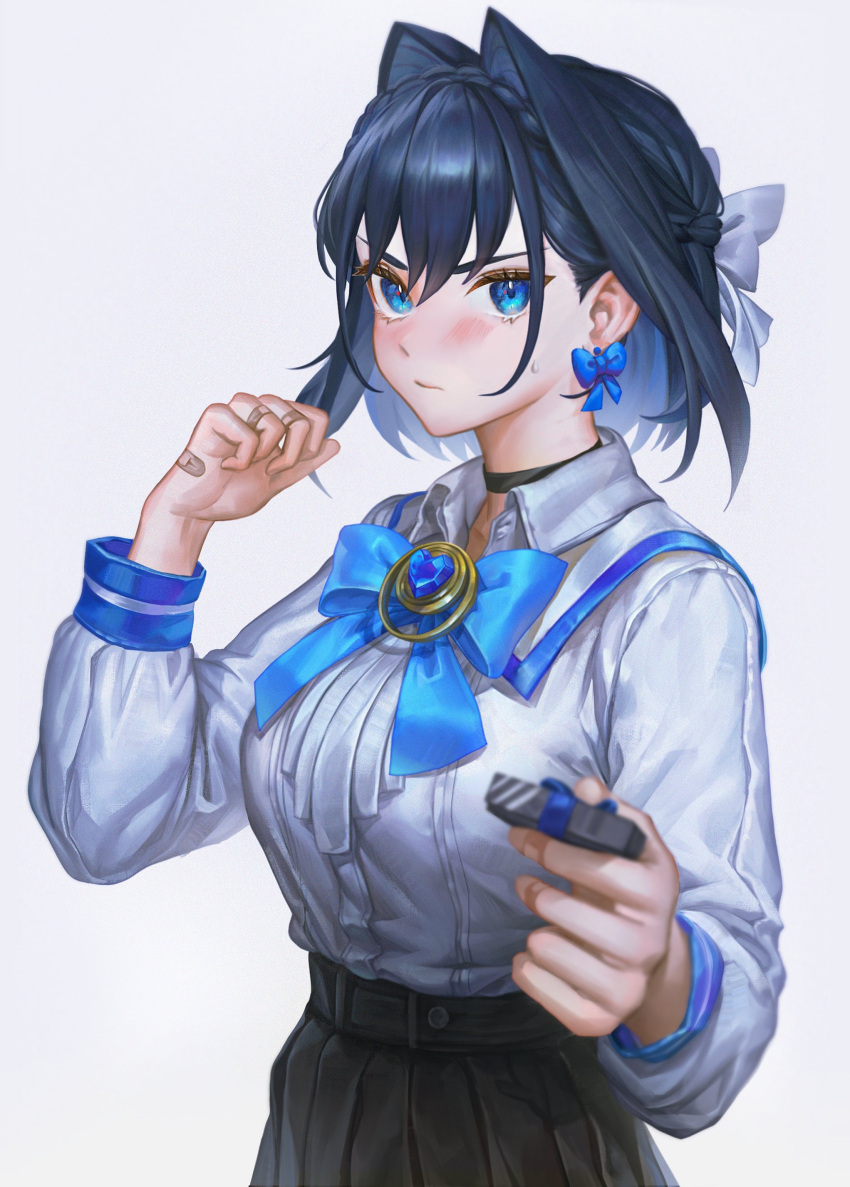 absurdres artofkuzu bandaid blue_eyes blue_hair blush bow bow_earrings bowtie breasts choker earrings english_commentary female hair_between_eyes hair_intakes high-waist_skirt highres holding hololive hololive_english incoming_gift jewelry long_sleeves looking_at_viewer medium_breasts ouro_kronii simple_background skirt solo valentine virtual_youtuber white_background